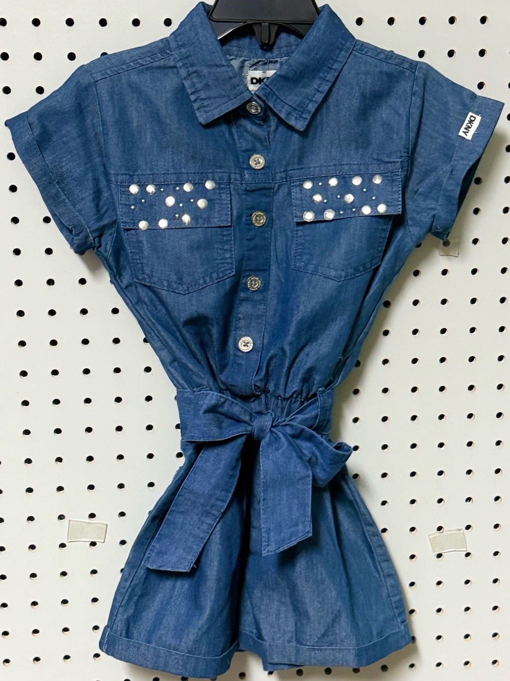 DKNY Girls Faux Pearl Embellished Denim Romper